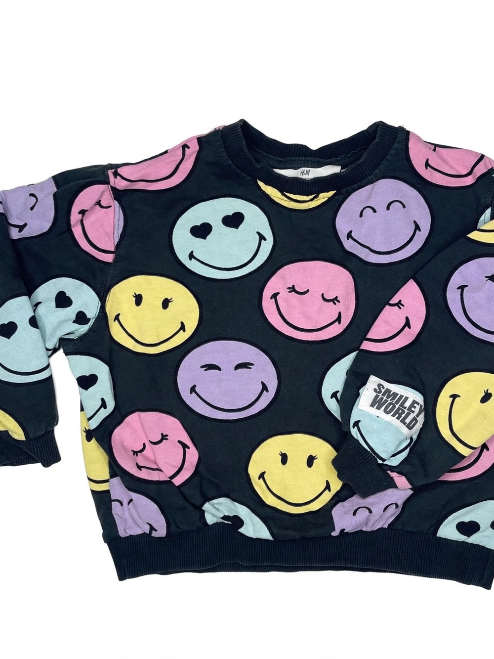 H&M Black Sweatshirt with Pastel Multicolor Smiley Faces